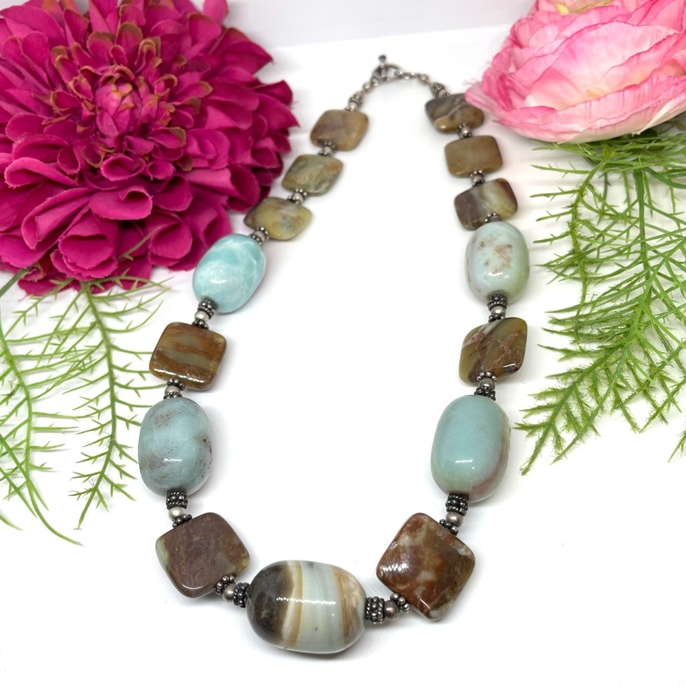 NEW⚜️LARIMAR & JASPER Semiprecious Gemstone Beaded Necklace
